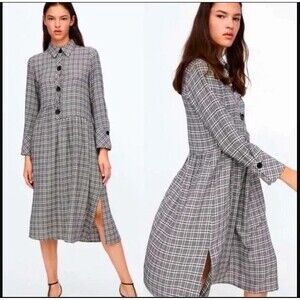 Zara Basics Plaid Black & White Checkered Asymmetrical Shirt Dress Medium